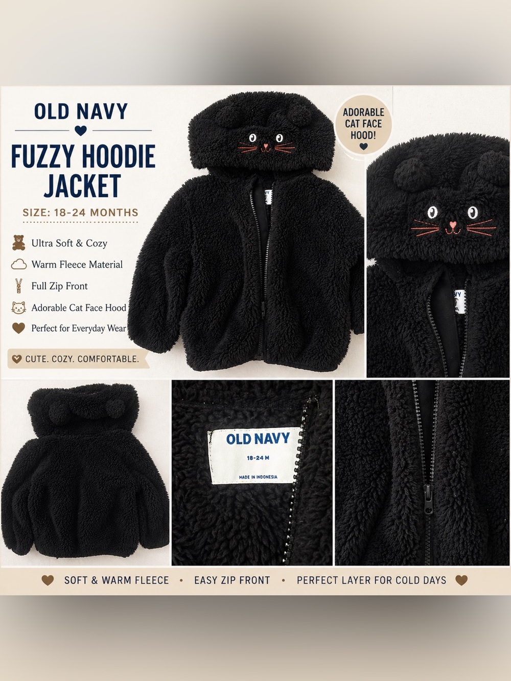 Old Navy Black Sherpa Cat Hoodie Jacket